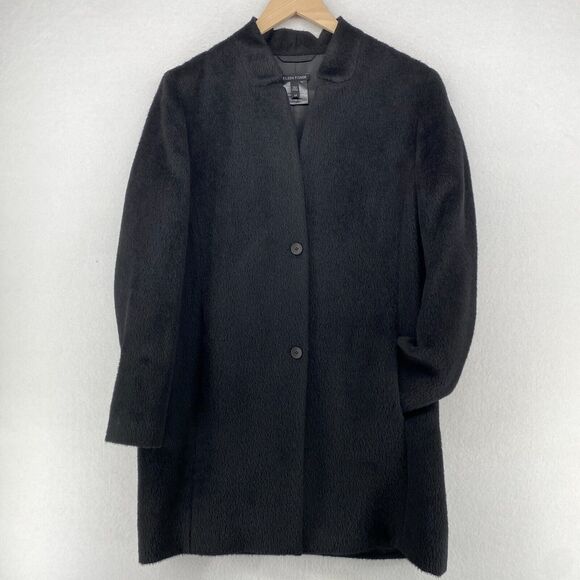 EILEEN FISHER Coat S Sheared Suri Alpaca Wool Blend 2-Button Overcoat Black